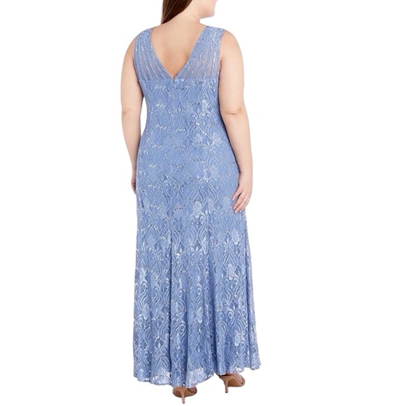 R And M Richards Blue Sequined Lace Gown with Sheer Inserts Size 18 - Picture 3 of 9